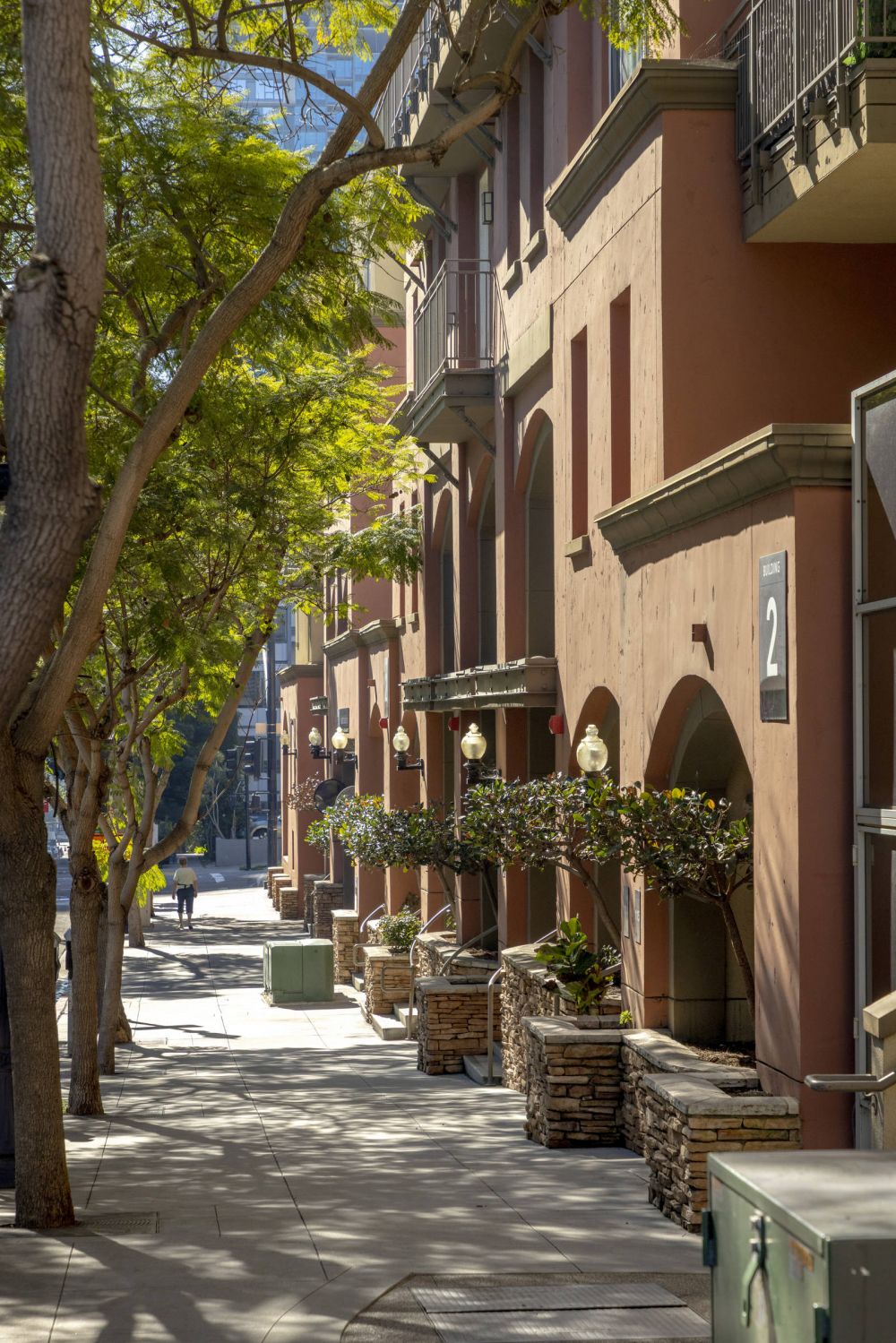 Tree-lined Downtown San Diego streetscape near Gema