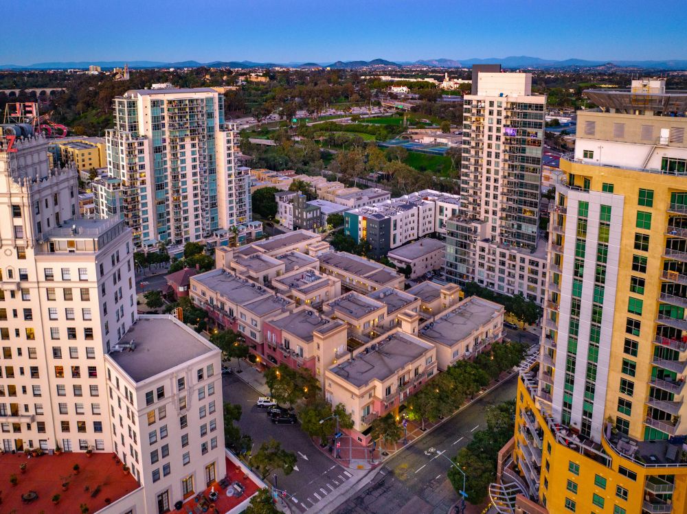 Aerial view of Gema and Cortez Hill at sunset